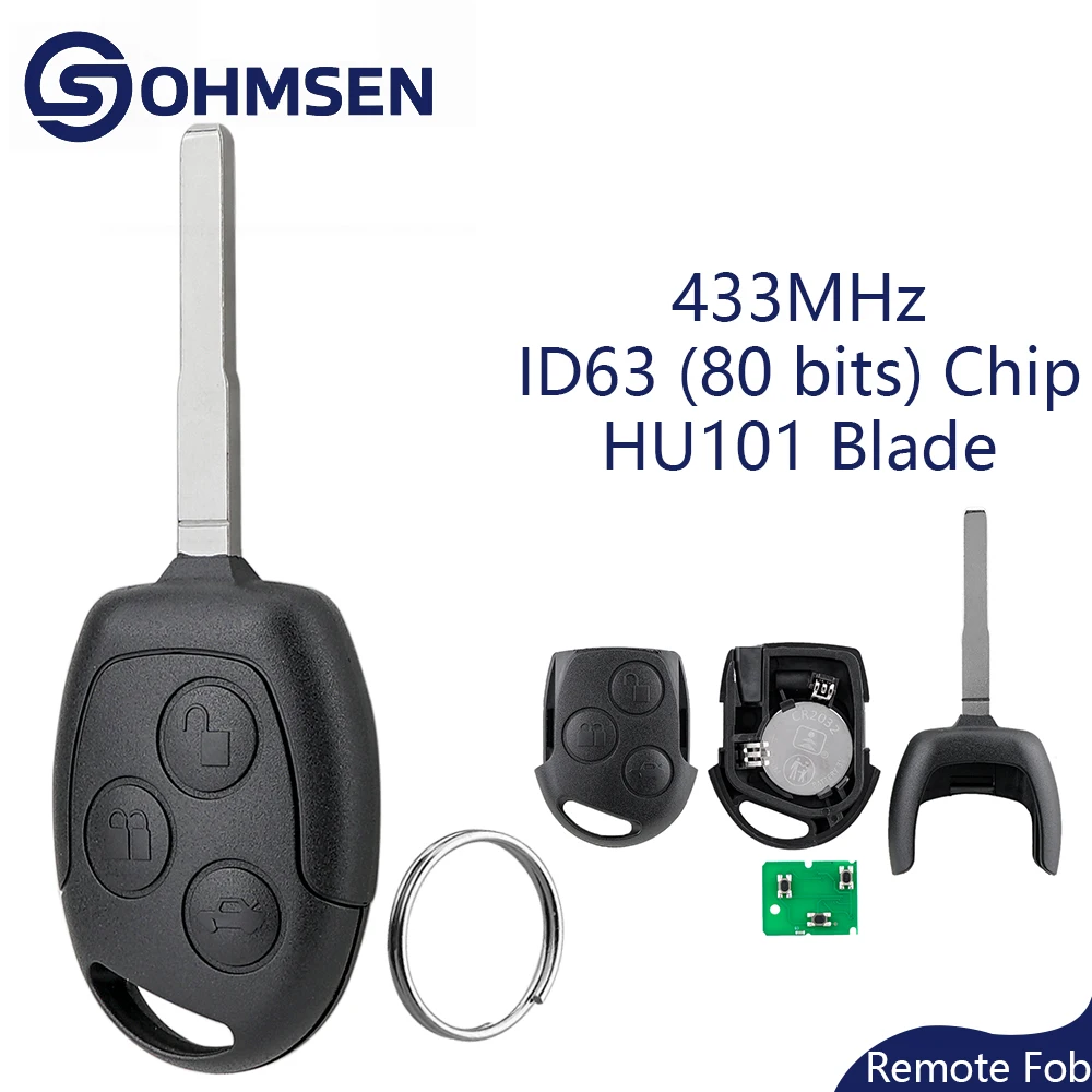 

OHMSEN For Ford Smart Remote Key Fob 3 Button 433MHz ID63 Chip (80 bits) HU101 Blade Fiesta Focus Fushion Mondeo C-Max S-Max