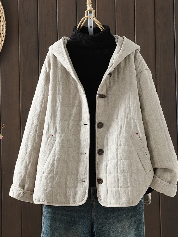 

Thiened Cotton Jaet Women's ort Sle Hooded Dyed Vintage Chinese Sle Cotton Coat Artistic Loose Fit Long Sve