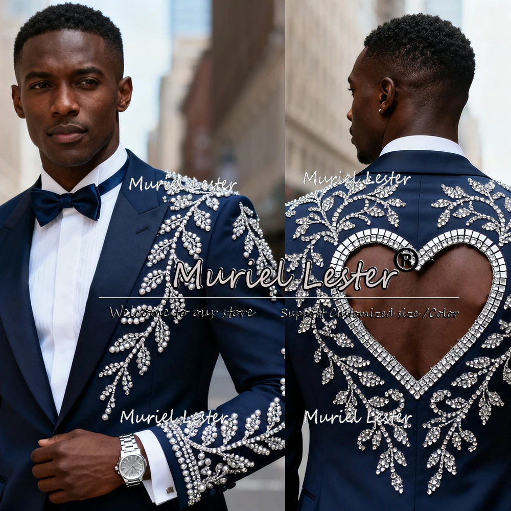 Exclusive Beaded Stones Suits Men For Wedding Cut-Out Back Prom Blazers Customized Man Banquet Attire 2 Pieces Sets Groom Tuxedo