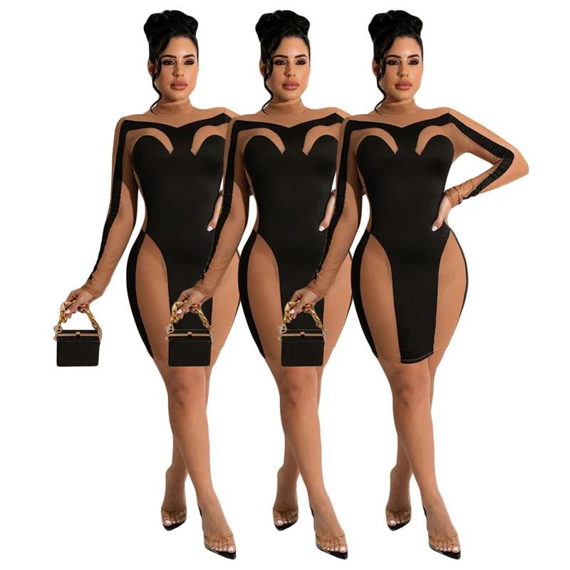 Sexy Midnight Style Mesh Patchwork Bodycon Mini Dress donna elegante abito da festa trasparente Clubwear Chic abito da compleanno a maniche lunghe