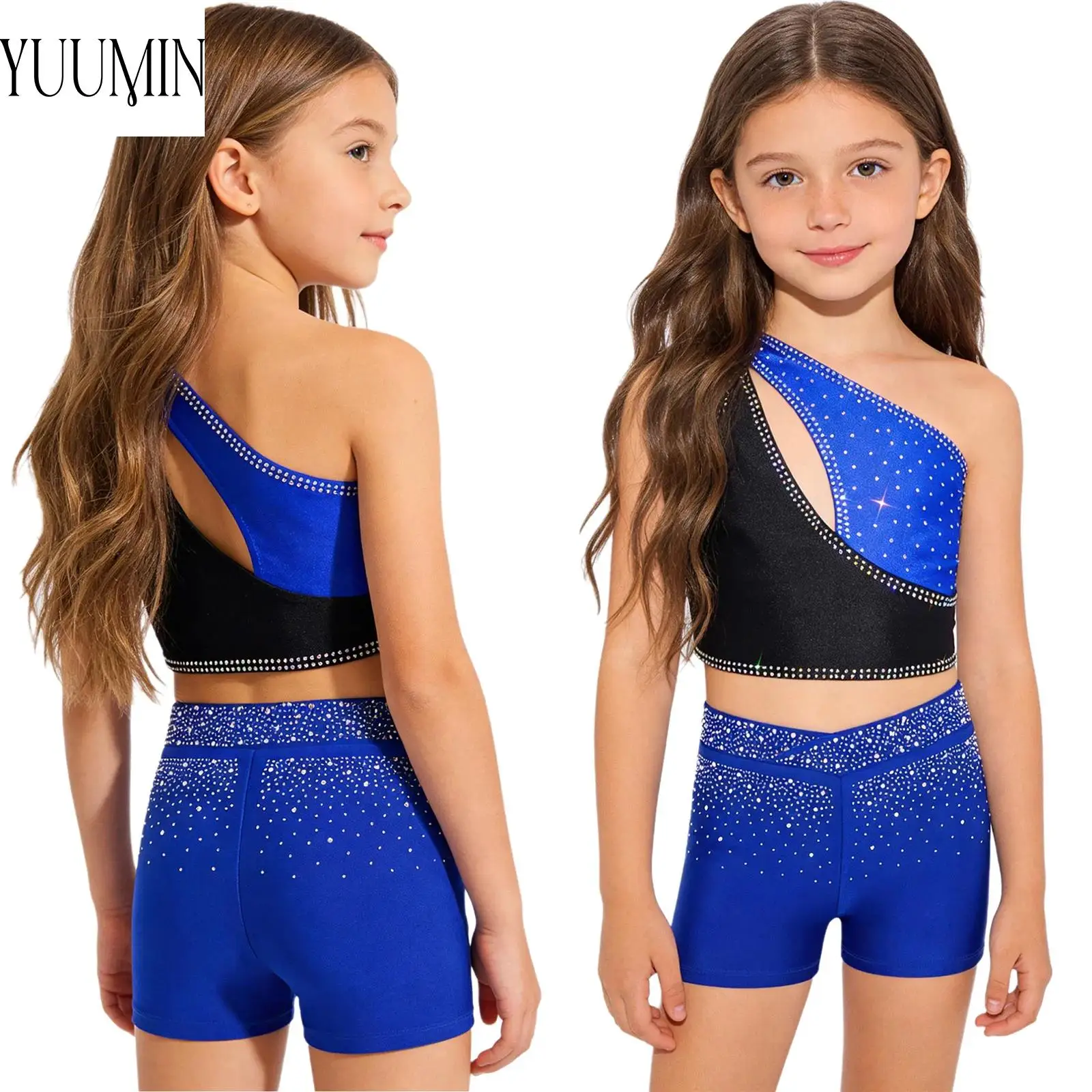 

Kids Girls Athletic Figure Ice Skating Gymnastics Dance Outfit One Shoulder Sleeveless Ballet Dance Crop Top+Shorts 2-piece Sets