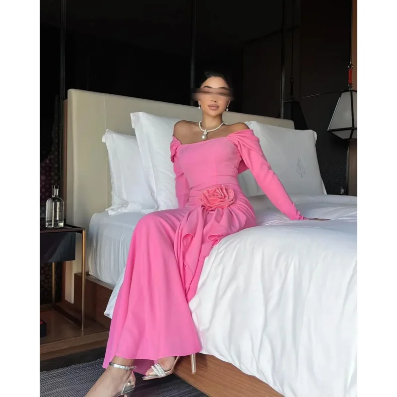 Indie Off-the-shoulder Hot Pink Evening Gowns Long Sleeve Floral Party Prom Dress Ankle Length customized Formal Occasion Gown