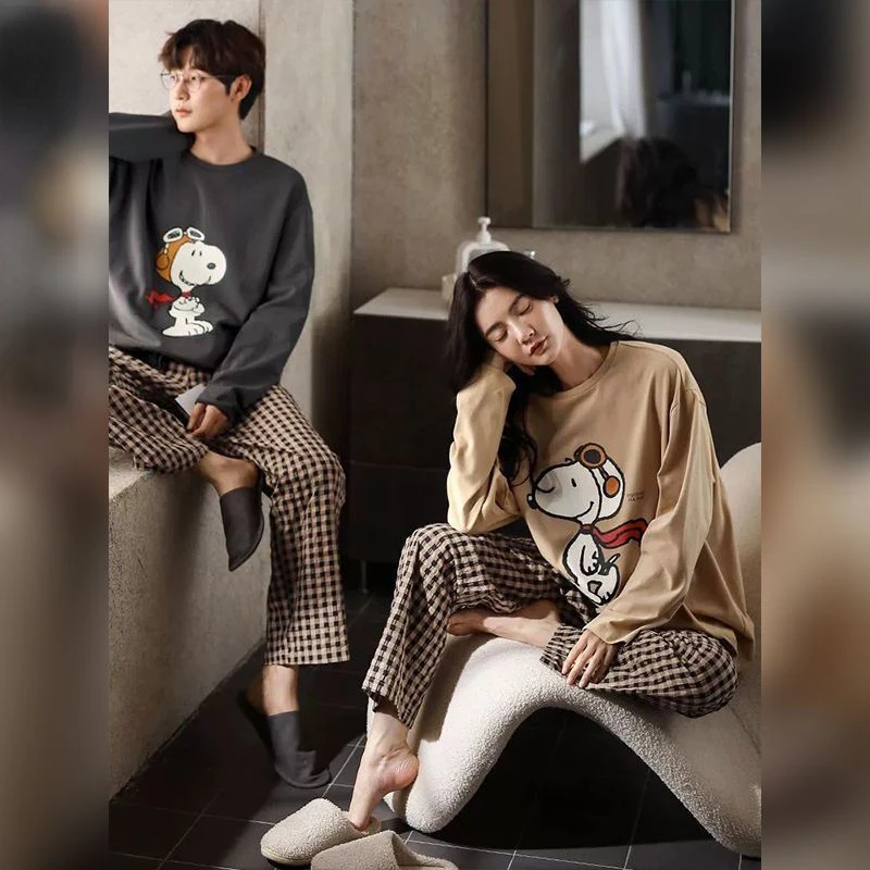 Snoopy cartoon kawaii pajamas for women spring and autumn couples new casual long-sleeved plaid pants men\'s home wear suit