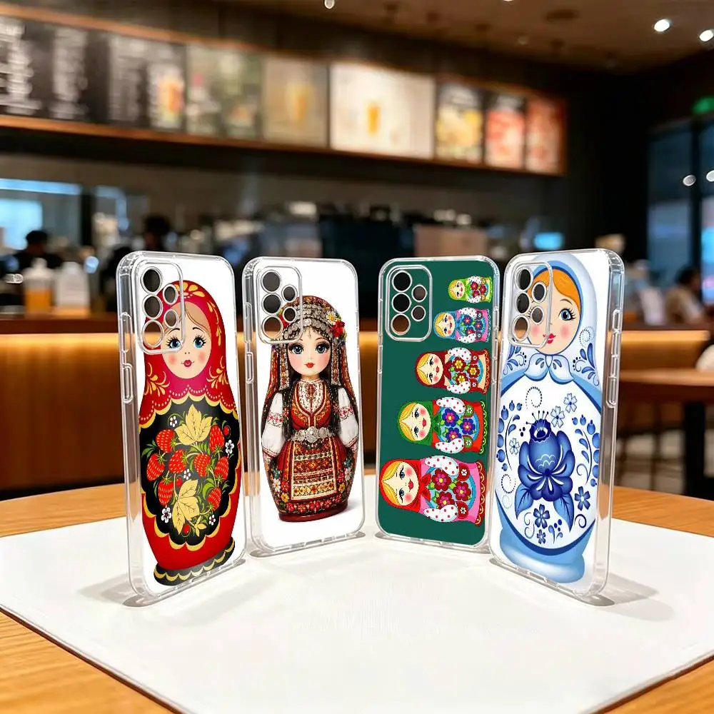 A-Vintage Matryoshka Art  Transparent TPU Shockproof Protection Phone Case For Samsung S 25,24,23,22,30,21,10,9,Ultra,Plus,Lite,