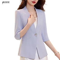 NAVIU 2023 New Summer Blazer Women Fashion Temperament Formal Half Sleeve Slim Jacket Office Ladies Work Coat White