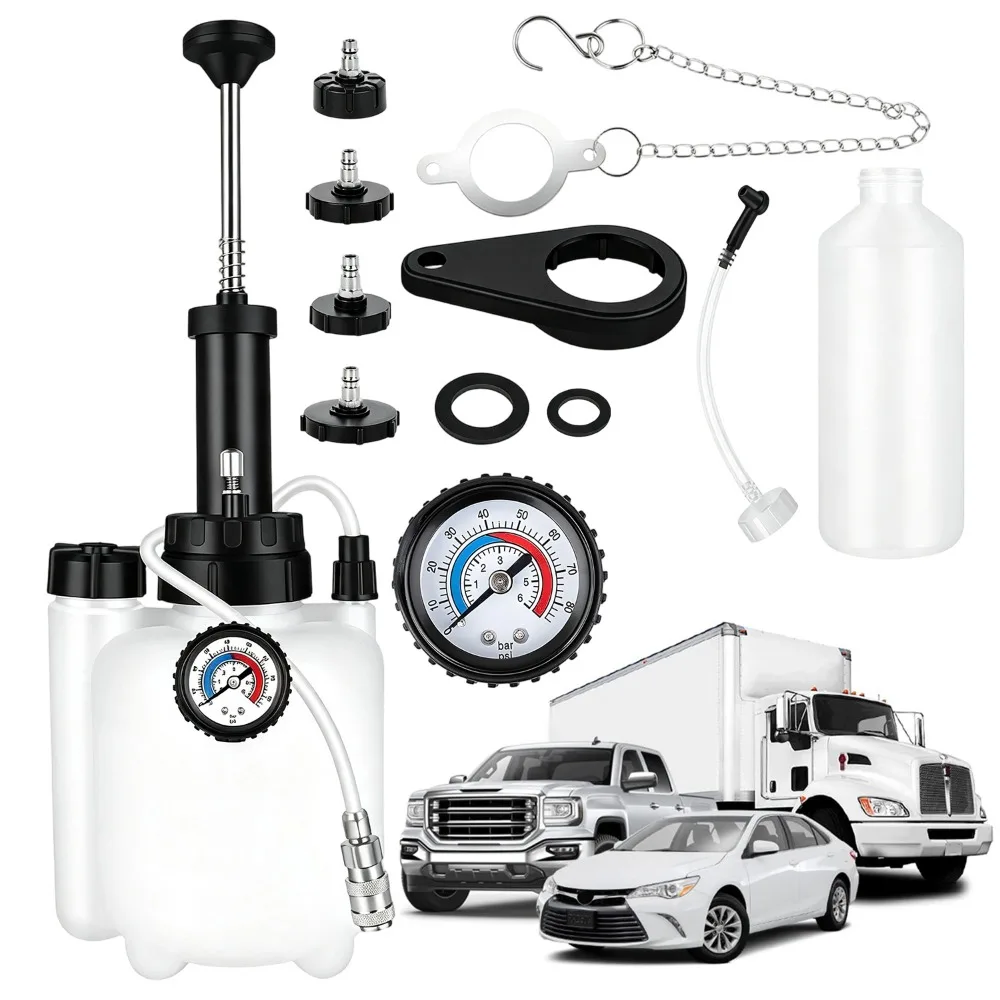 Kit d'outils de purge de freins manuel de 3 litres, équipé d'une clé de démontage de bouchons et de 4 adaptateurs pratiques, accessoire fiable pour l'entretien du système de freinage des voitures et des motos, le remplacement du liquide de frein et les opérations de réparation mécanique quotidiennes.
