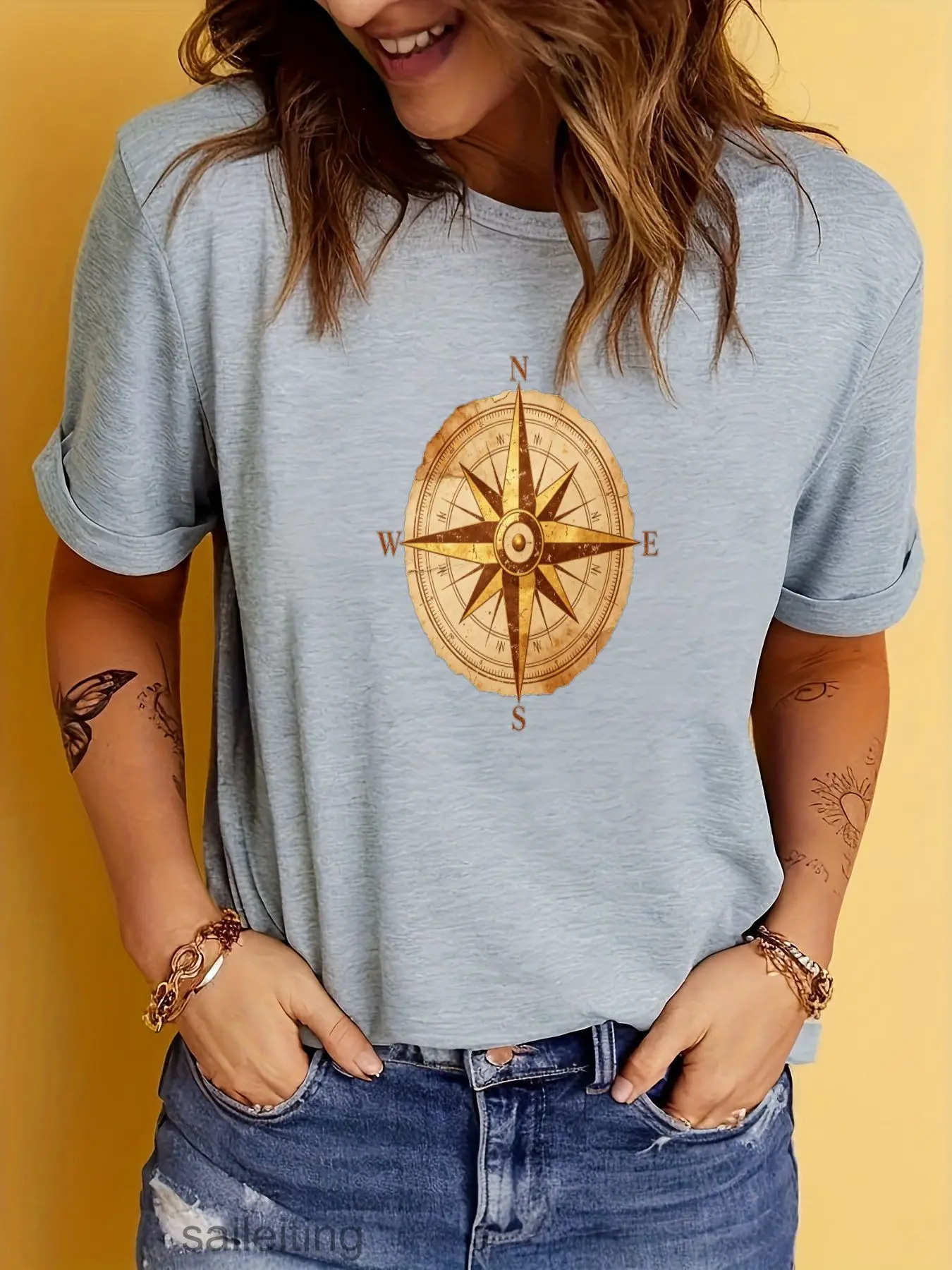Vintage Compass Rose T-Shirt Men Women Nautical Graphic Tee, Distressed Jeans Style, Casual Short Sleeve Top, Travel Adventur