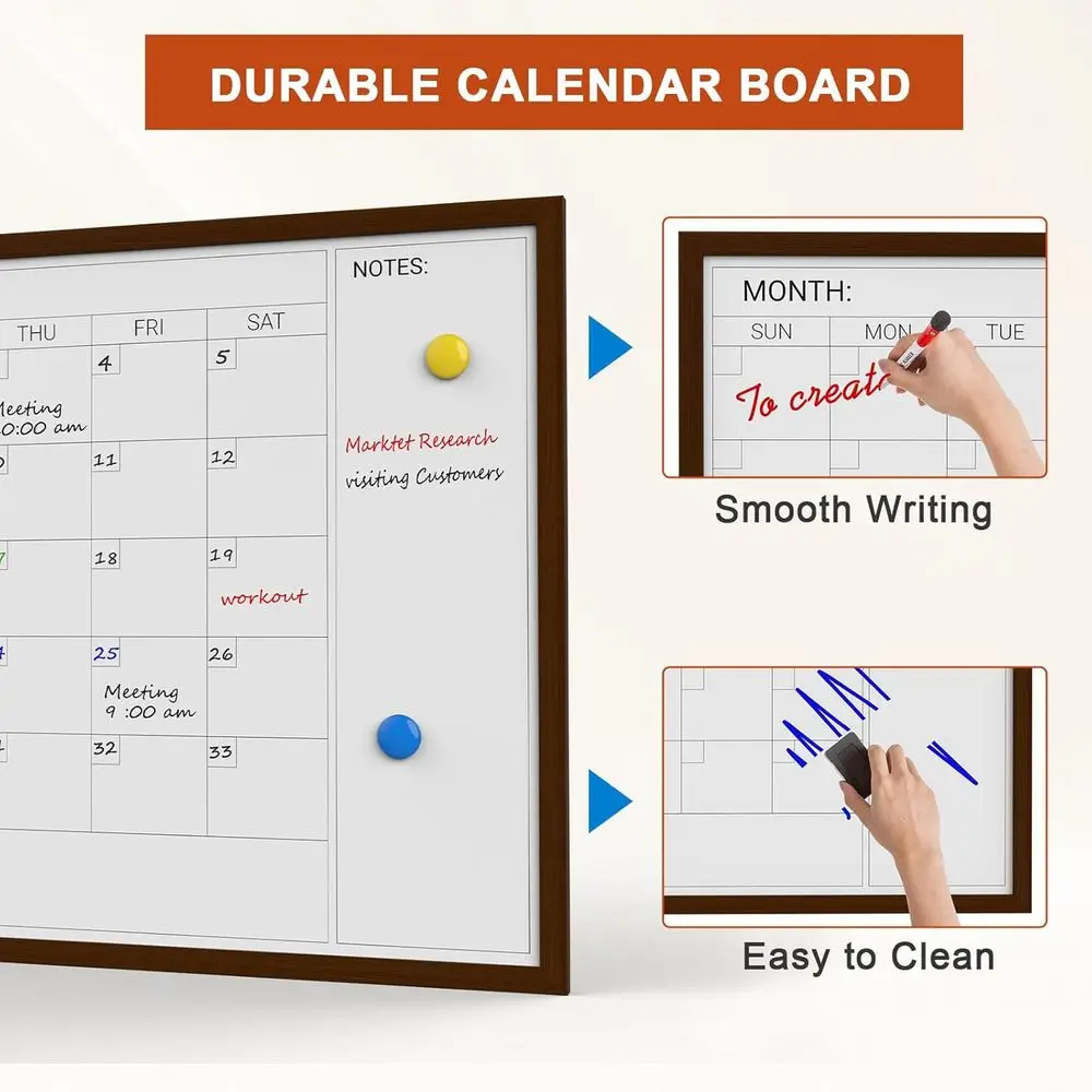 سبورة بيضاء بتقويم مغناطيسي جاف مقاس 36 × 24 بوصة مع إطار خشبي للمنزل والمكتب والمدرسة
