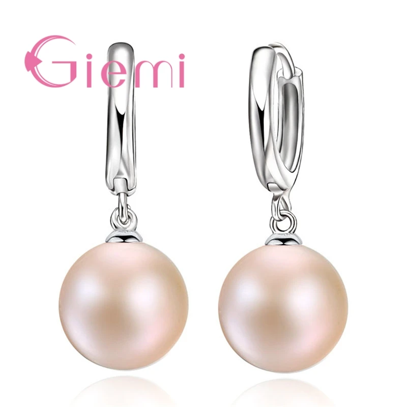 Elegant Hoop Loop Earrings 925 Sterling Silver  Smooth Ball Round Freshwater Pearl Charms Lever Back Huggie Jewelry