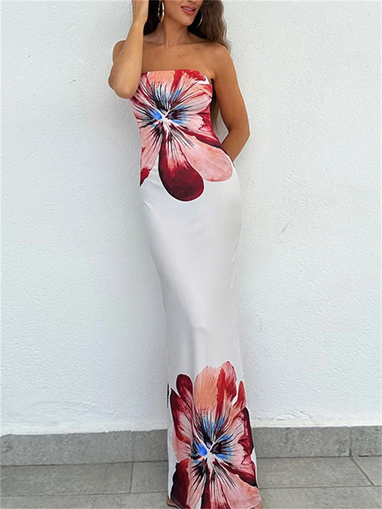 

Tossy Printed Backless Summer Long Dress Female Bandeau Slim Contrast Slim High Waist Elegant Party Dress Women's Printed Dress