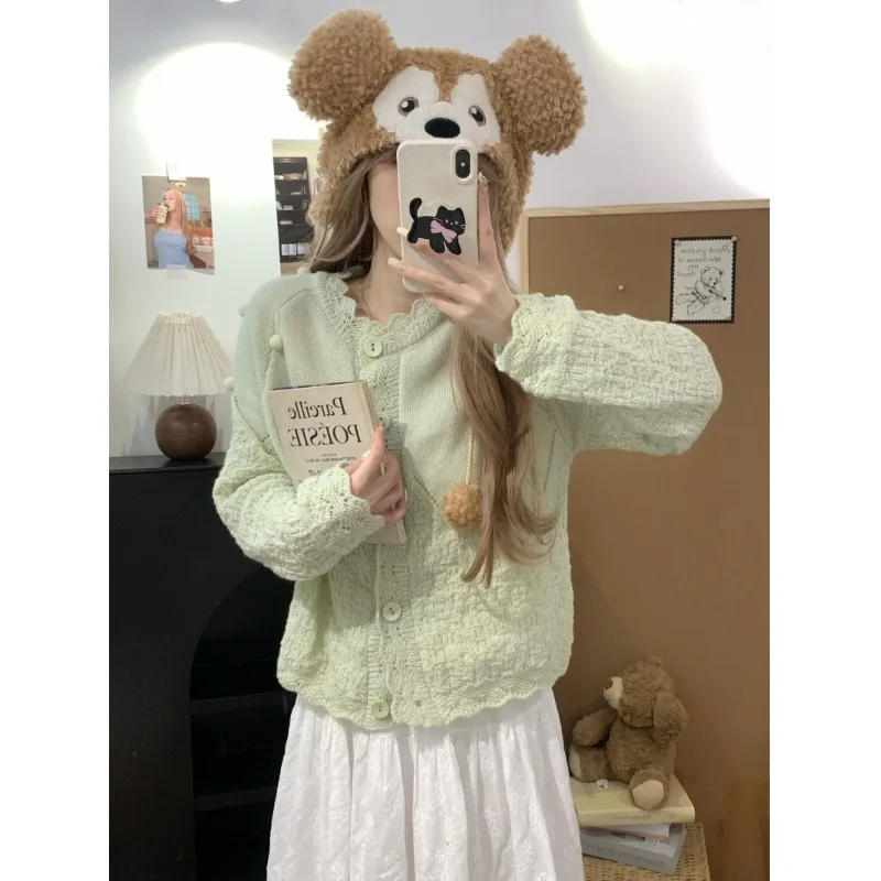 Sweet Style Long Sleeve Knitted Sweater Women's Spring Autumn 2023 New Soft Hollow Design Open Cardigan Top Loose Fit Acetate...