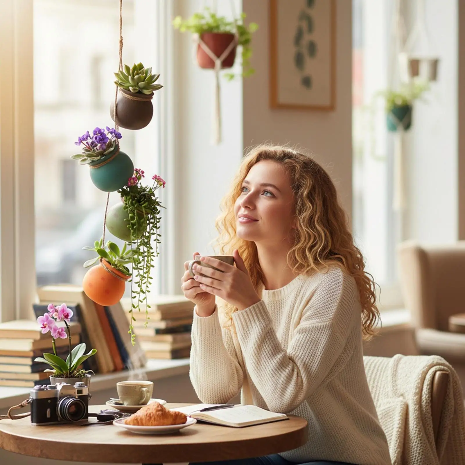 

4pcs Ceramic Hanging Flower Pots Planter Creative Hanging Flower Pot with Jute Rope Small Succulents Cactus Herb Flower