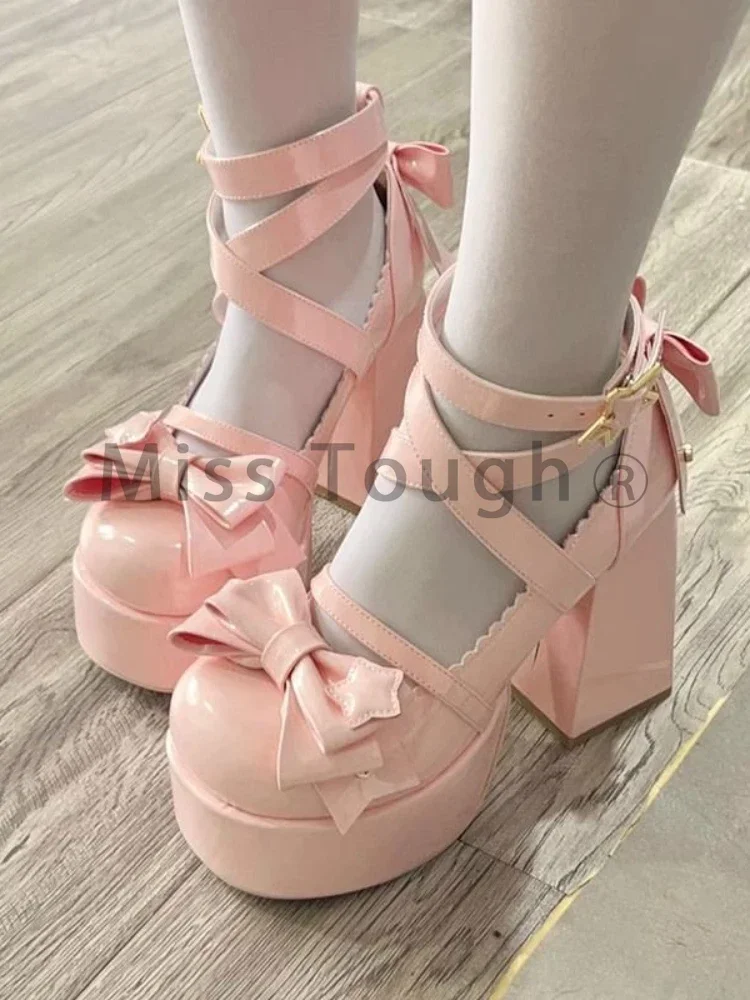 Słodkie Vintage Mary Janes Shoes Women Star Buckle Lolita Kawaii Platform Shoes Female Bow-knot Cute Designer Shoes 2023, Summer