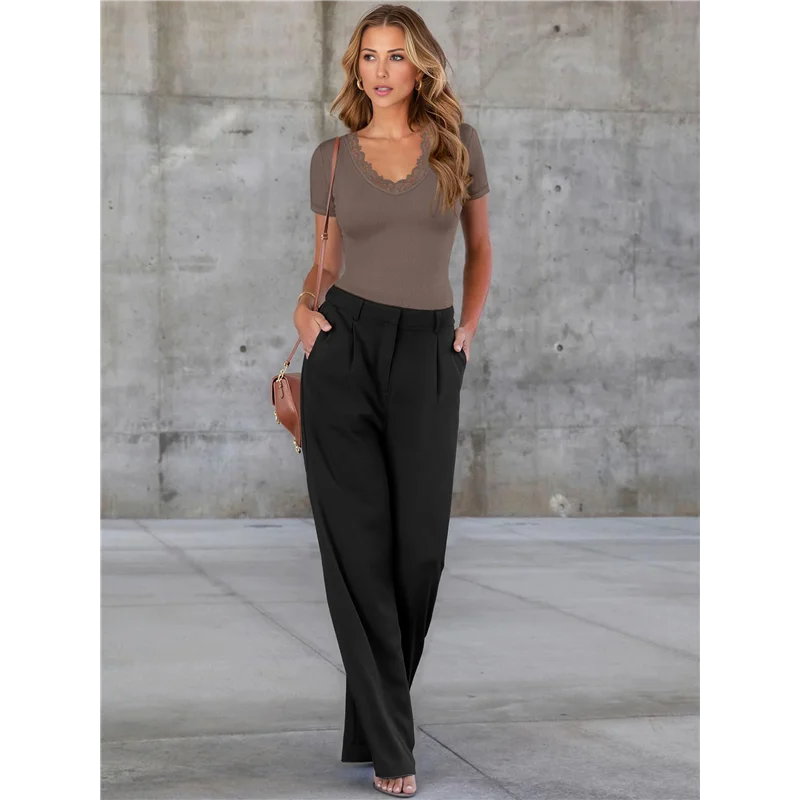 

CGS-Women Short Sleeve Lace V Neck Shirts Ribbed Knit Fitted Business Dressy Casual Summer Blouses T-Shirt