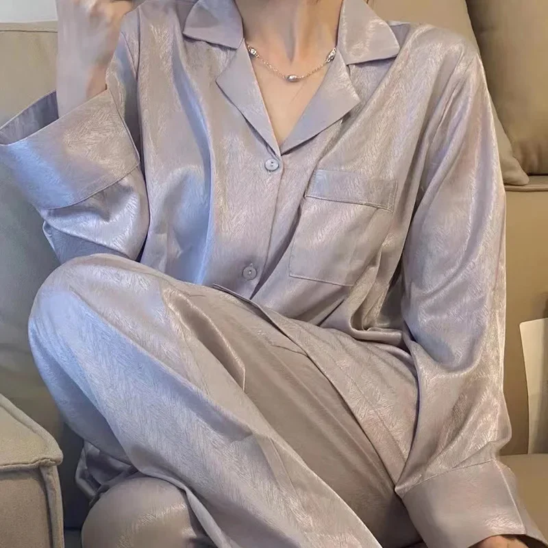 

Fall and Winter Casual Nightwear Women Herringbone Patterned Jacquard Ice Silk Sleepwear Long-Sleeved Loose Homewear 2PCS/Set