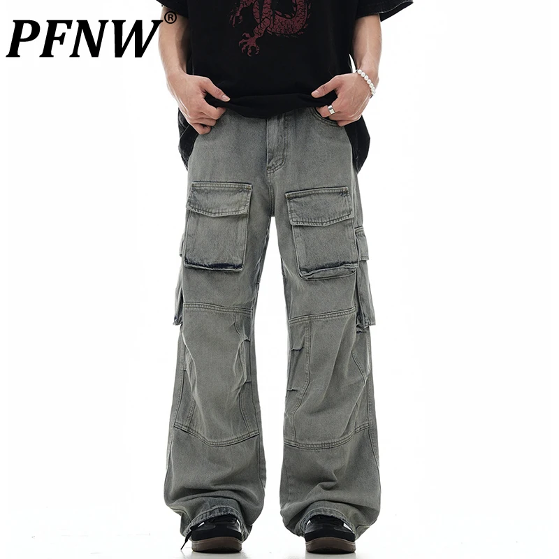 

PFNW Washed Distressed male Jeans Men High Street Casual Loose Fitting Straight Pants 2024 Tide Gradient Color Worn-out 28W3875