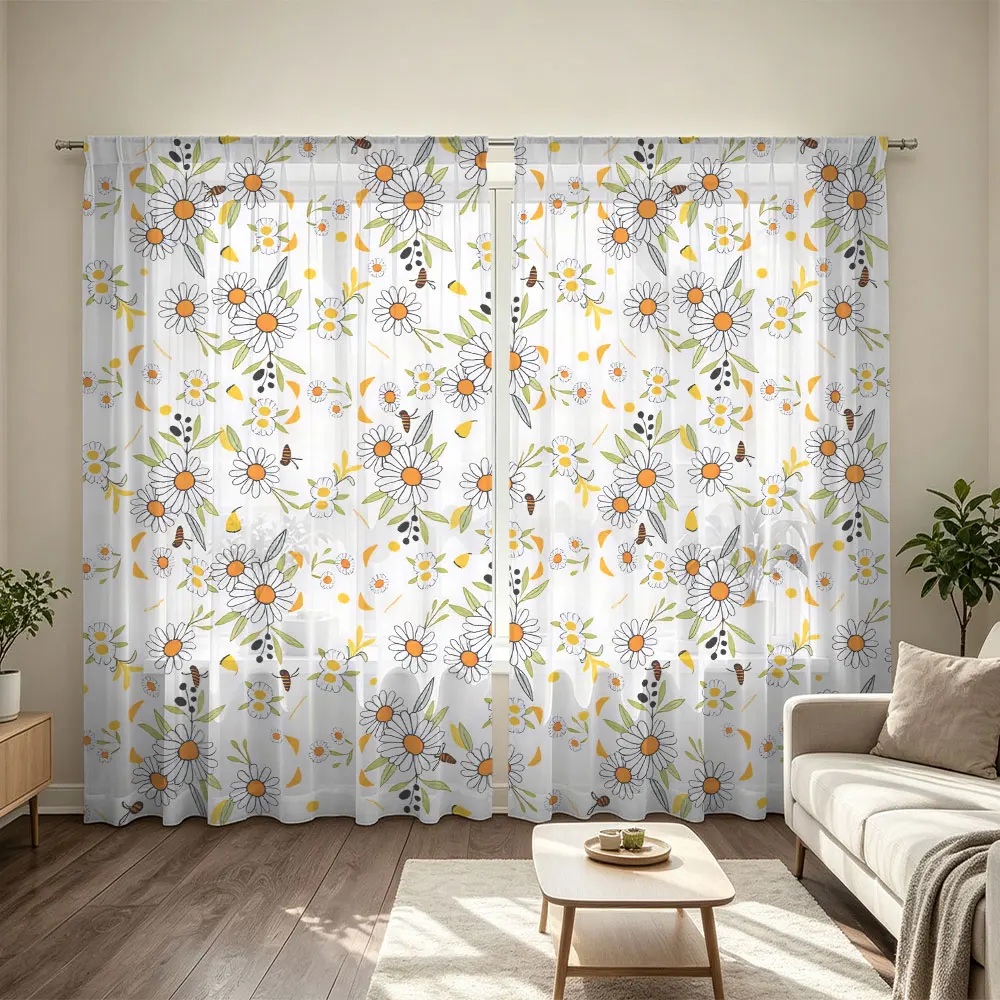 2Pcs Rod Pocket Curtain Light Block Privacy Drape Living Bedroom Daisy Bee Floral Print Window Curtain For Home Decor