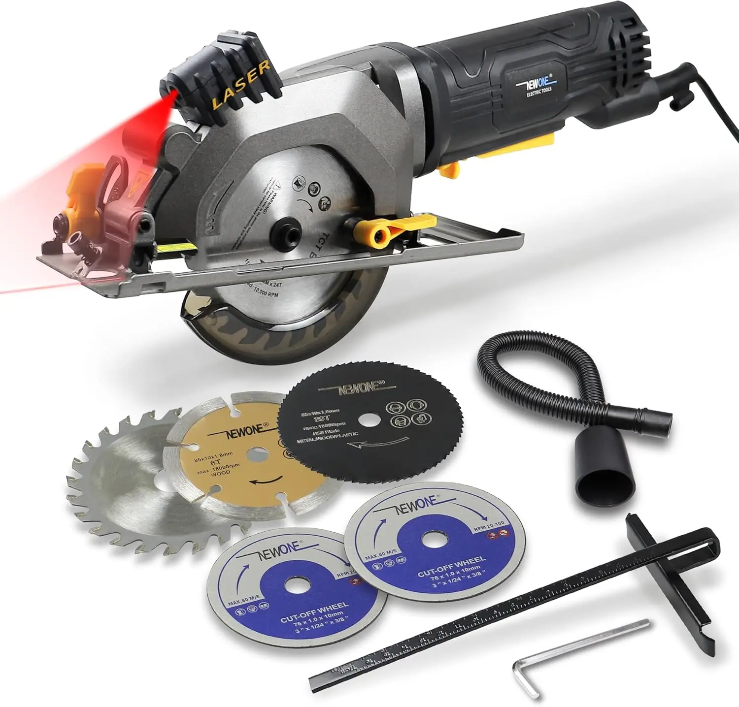 

Mini Circular Saw with Laser, 3500RPM, Adjustable Depth up to 42.8mm, Includes 6 Blades for Wood, Metal, Tile and Plastic