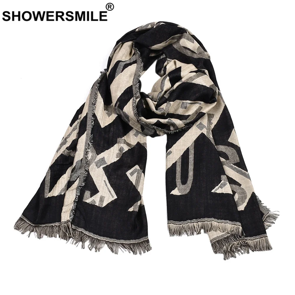 SHOWERSMILE Men Scarf Letter Print Winter Scarf Male Tassel Pashmina Black Navy Red Fashion Men's Designer Brand Scarves