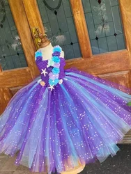 Vestido de tutú de sirena con flores púrpuras, Cosplay de sirena, cumpleaños, fiesta temática del océano, vestidos de sirena turquesa púrpura