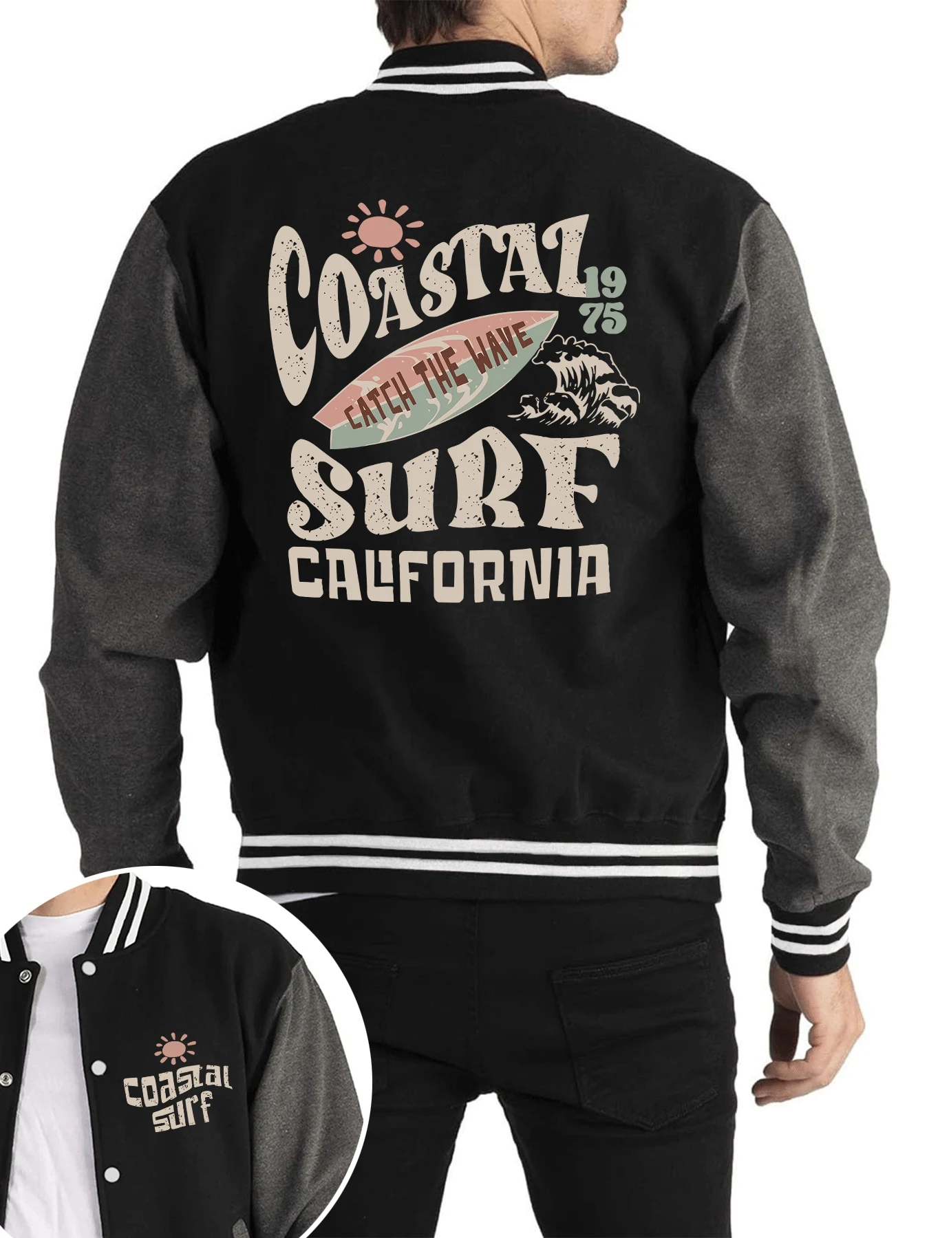 

Бейсбольная куртка Coastal Surf Catch The Wave с принтом, мужская повседневная уличная одежда больших размеров, осенняя флисовая одежда, пальто в американском стиле хип-хоп