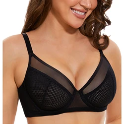 New Minimizer Lace Bra Unlined Thin ultra Mesh Transparent See Through Sexy Women Bras Big Size Wire Bone