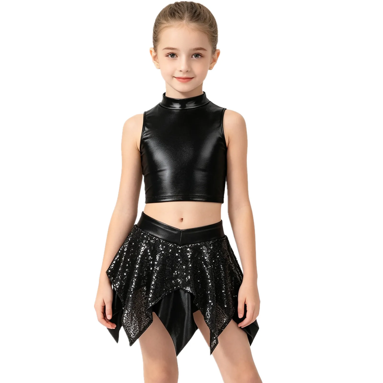 6-16Y Girls Jazz Dance Cheerleading Outfit School Party Carnival Costume Metallic Shiny Crop Vest Tops with Sequins Culottes Set