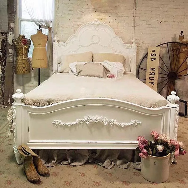 Nordic retro solid wood carving flower white double bed American country princess bed European court master bedroom queen weddin