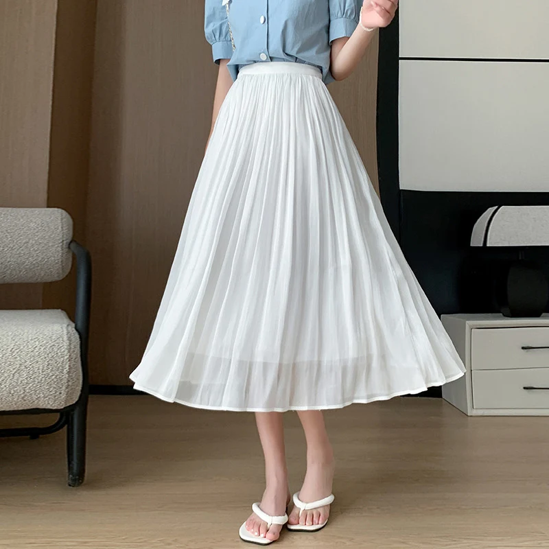 Solid Color High Waist A Line Skirt Women 2026 Summer Breathable Silk Long Skirts Woman Elegant Mesh Pleated Skirts Ladies