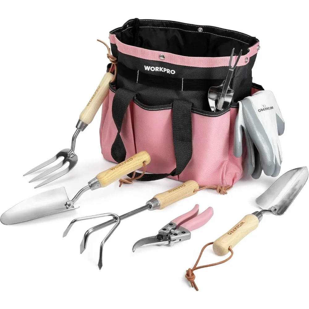 8-Piece Pink Garden Tool Set,Stainless Steel Gardening Tools with Wood Handle, Including Garden Tote,Gloves,Hand Weede rand More