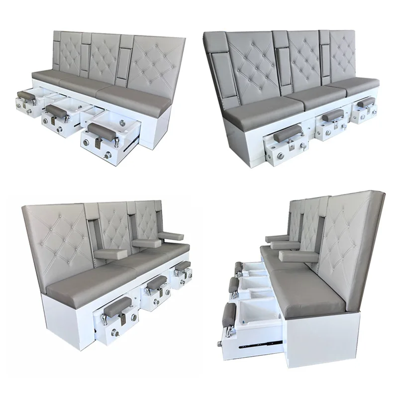 Space Saving Three Person Foot Bath, Nail Art Sofa, Solid Wood With Surfing Lights, Adjustable Sliding Nail Repair And Spa Chair