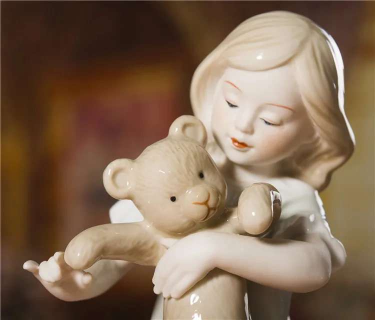 Porcelain Girl and Teddy Bear Statuette Ceramic Figurine Craft Ornament Accessories for Birthday Gift Room Decoration