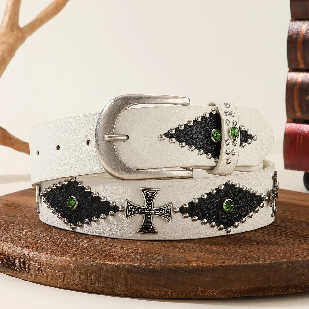 حزام ترتر من حجر الراين على الموضة، إكسسوار جينز نسائي برشام ذو شخصية متقاطعة كلاسيكية، حزام بإبزيم بإبرة مصممة