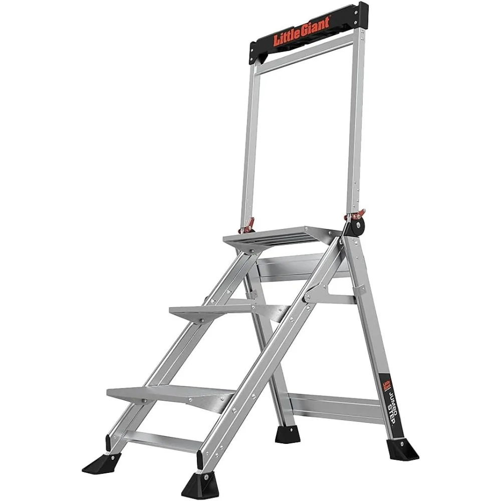 Ladders Jumbo Step, Foldable 3-Step Stool, 2.2-Ft Aluminum, with Platform Steps, Handrail, and Tool Tray, 375 lb Load Capacity,