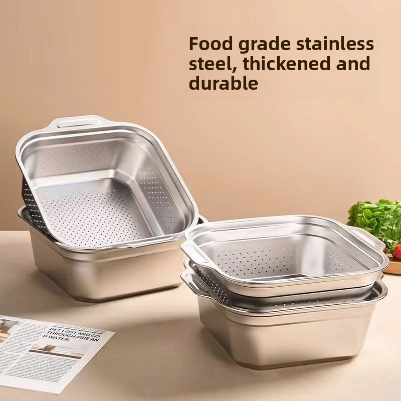 

Stainless square drain basket household kitchen rice sieve and basin cooking, vegetable washing square basin leakage basin set