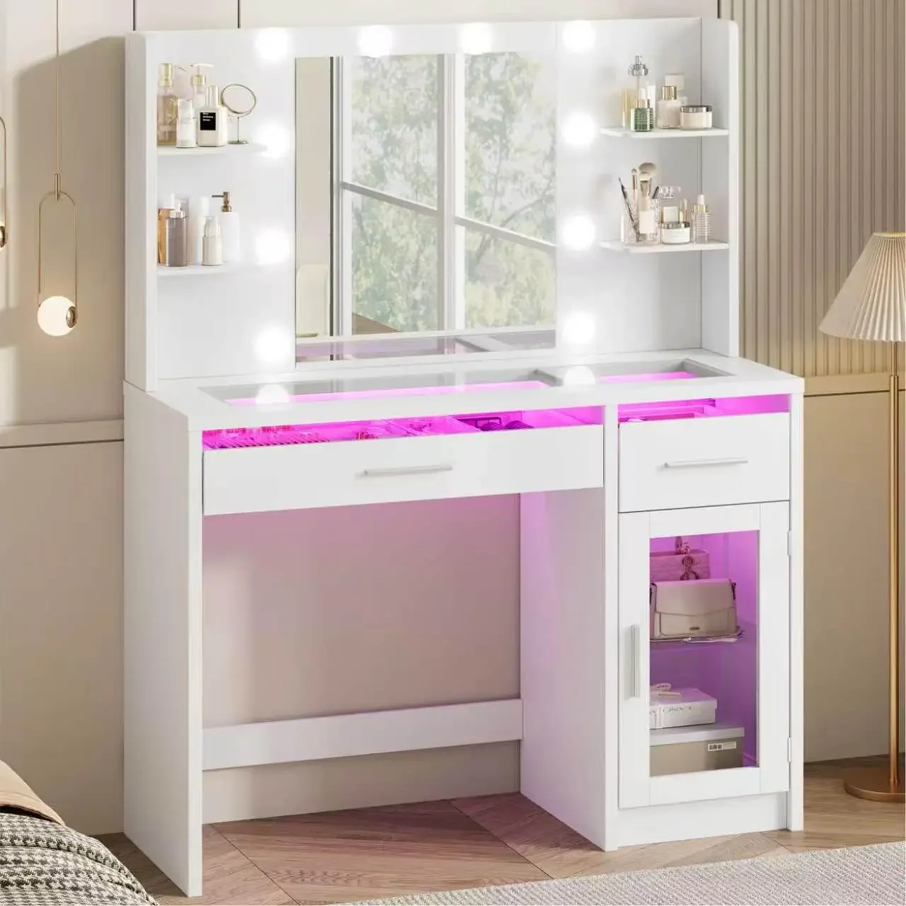 Large Vanity Desk with LED Mirror,Power Outlet & 11 Drawers | 10 Dimmable LED ,9.45