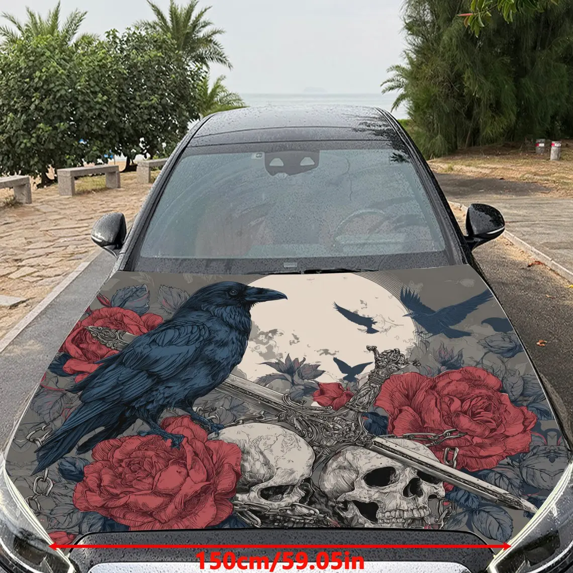 Gothic Style Raven Skull Sword Car Vinyl Wrap, PVC Material Waterproof Car Hood Sticker, Self-Adhesive Scratch-Resistant Sticker