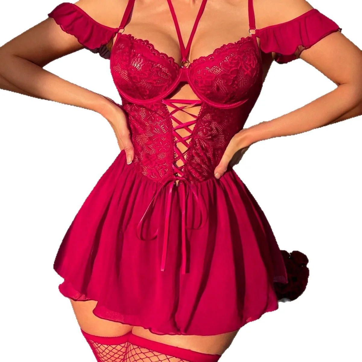 

Sexy lace dress nightgown conjoined lingerie leisure set plus size lightweight and breathable fresh sleepwear 2Q28