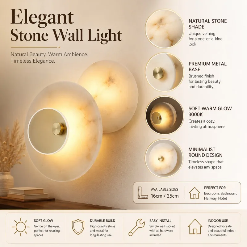 Modern Alabaster Wall Light 7W LED Round Stone Sconce 3000K Warm Gold Black for Bedroom Bathroom Hallway Villa Hotel Wall Light