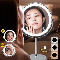 8 Inch Makeup Mirror with LED 3 Color Lights 5X7X10X Magnification Double Sided Vanity Mirror USB Charging Desktop Table Mirrors