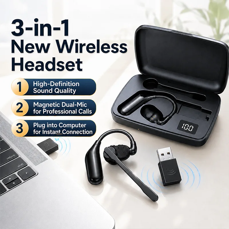 Ear-hung Bluetooth Headphones with Charging Case, Wireless Bluetooth Adapter, Long Battery Life, Magnetic Detachable Microphone