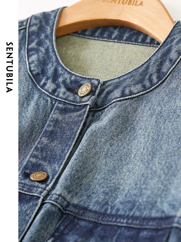 SENTUBILA Women's Short Denim Jacket 2025 Autumn Hip-hop Style Loose Round Neck Cotton 100% Cropped Jean Jacket W41W53220