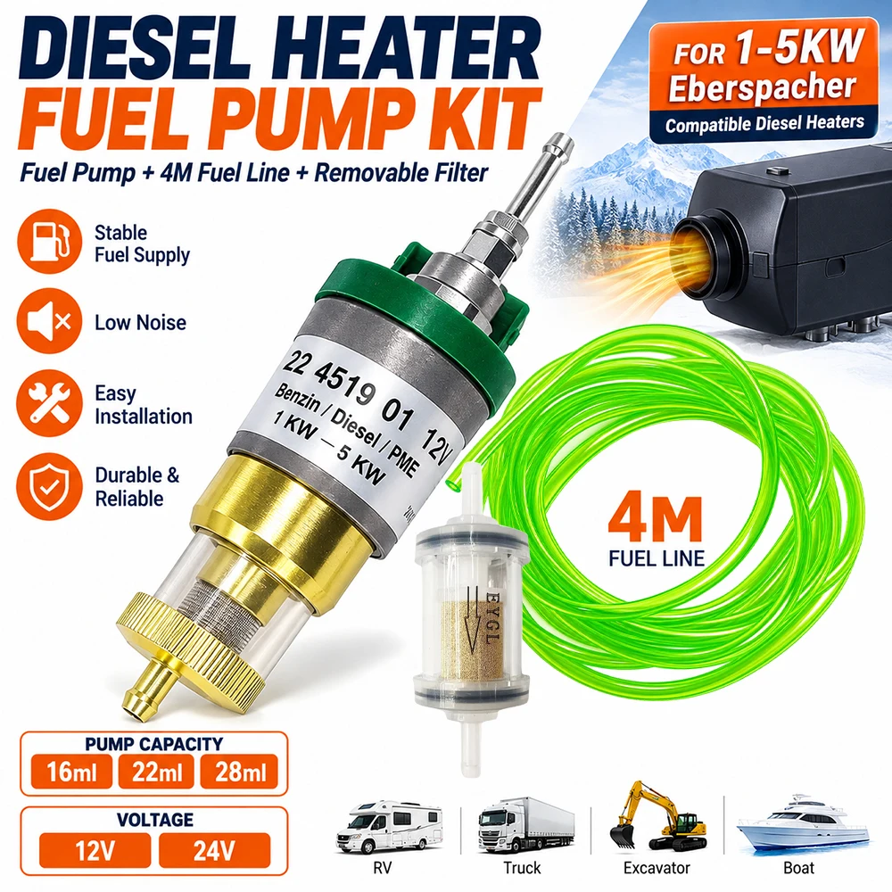 Diesel Heater Fuel Pump for Eberspacher Heating System 16/22/28ml 12V 24V with 4M Fuel Line And Oil Filter Suitable for 1-5KW