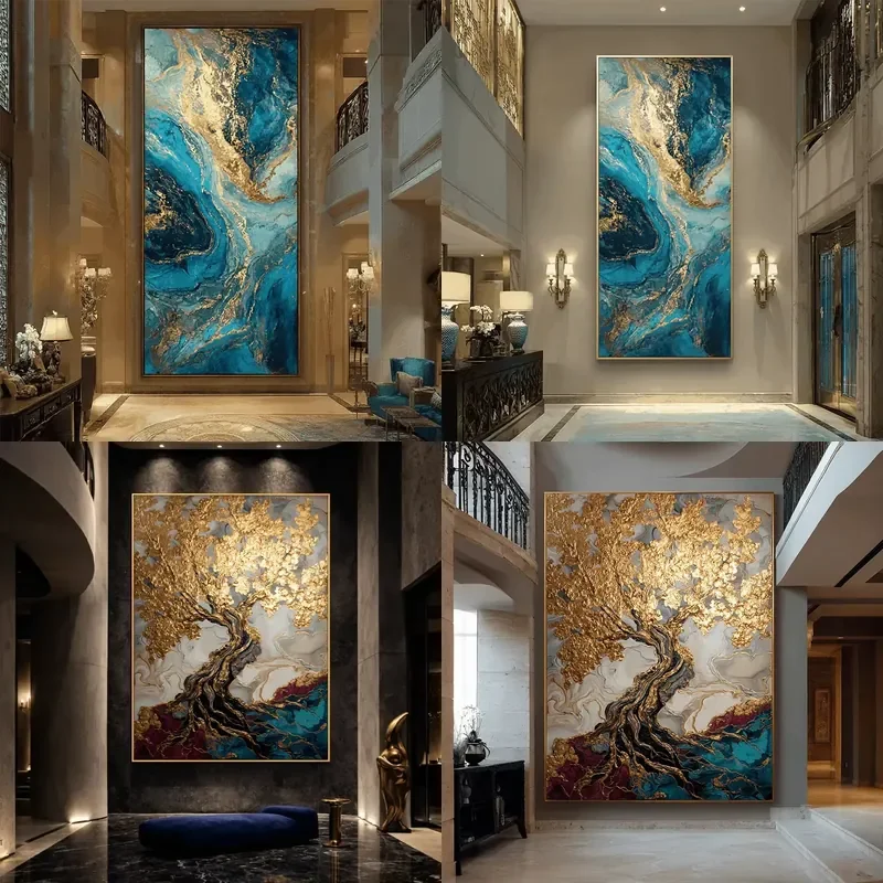 Oversized Blue Gold Abstract Oil Painting Large Vertical Teal Fluid Canvas Art Wall Painting