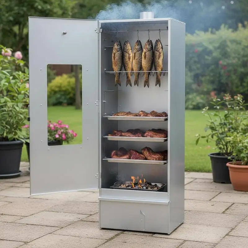 Räucherofen 44,5 x 29 x 110 cm aus verzinktem Stahl inklusive Räucherchips, Räucherschrank für Fleisch, Fisch, Käse, Wurst und Schinken, Vertikaler Smoker für Garten, Terrasse, Outdoor-Küche, BBQ,