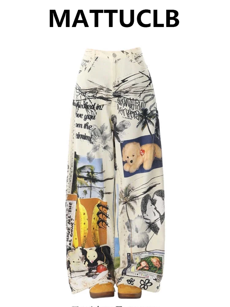 

2024, осенне-зимние женские джинсовые брюки с мультяшным принтом Y2K, 2000-е годы, эстетические милые джинсы Kpop, мешковатые джинсы, японский Harajuku, широкий крой