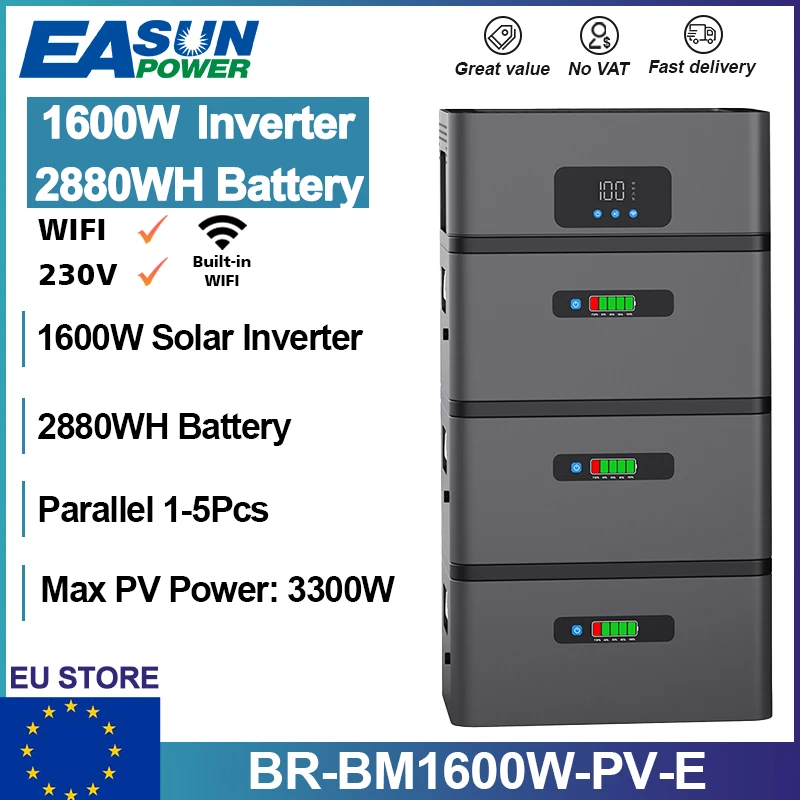 EASUN POWER 1600W Solar Inverter met 2880WH Batterij, Afstandsbediening, Smart Control, Compatibel met een breed scala aan slimme meters, Ondersteunt Wi-Fi