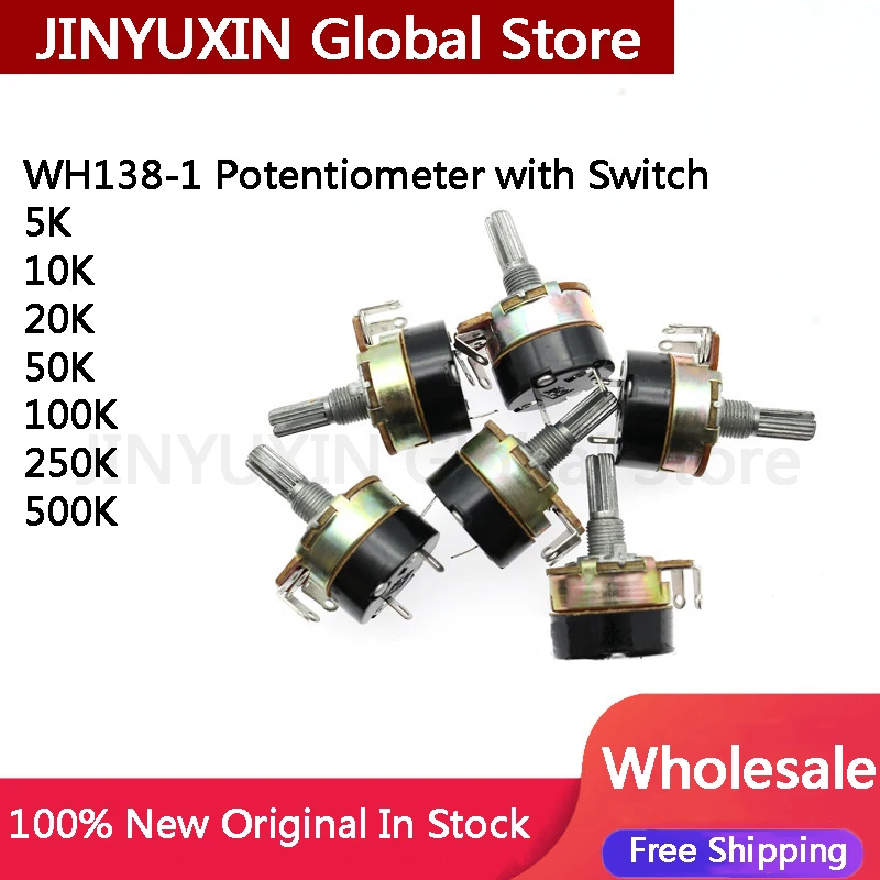 5Pcs WH138-1 Potentiometer with Switch 5K 10K 20K 50K100K  250K 500K in Stock Wholesale