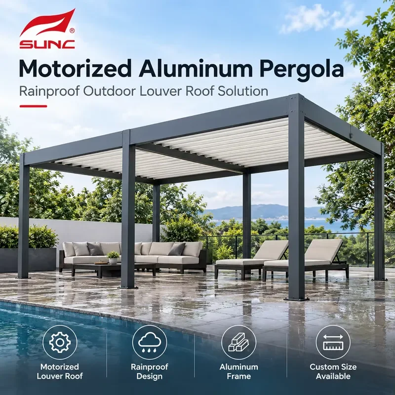 for SUNC Outdoor Patio Aluminum Motorized Pergola Adjustable Rainproof Louver Roof Custom Size for Commercial Distributor