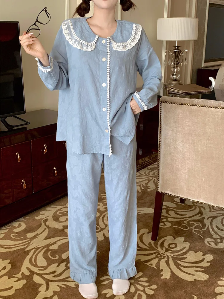 Lcae Embroidery Solid Simple Sweet Korean Style Cute Long Sleeve Pajama Set Women Vintage Girlish Loose Elegant Casual Sleep Top